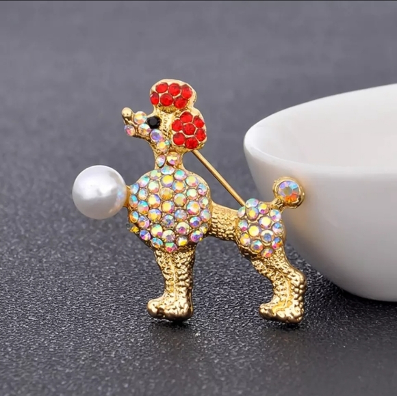 Gold plated pink and white crystal pearl poodle necklace/brooch - Picture 9 of 12